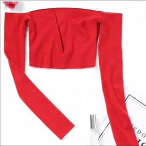 Red off the shoulder deep v long sleeve